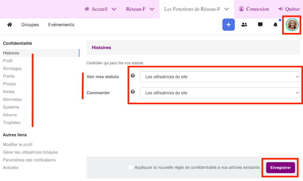 reseau f gerer confidentialite aide 1