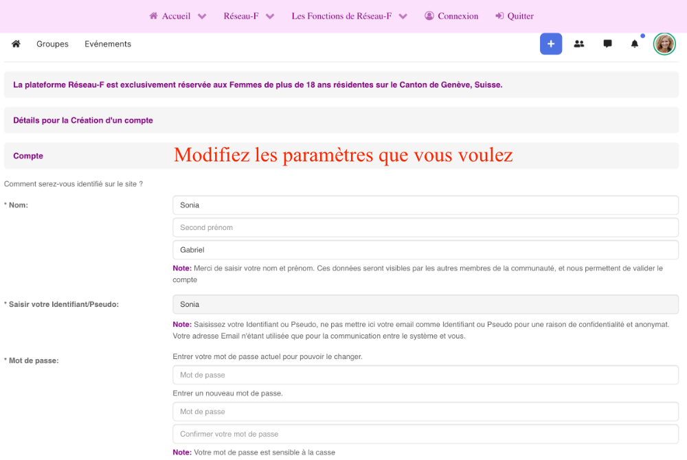 reseau f modifier compte aide 3